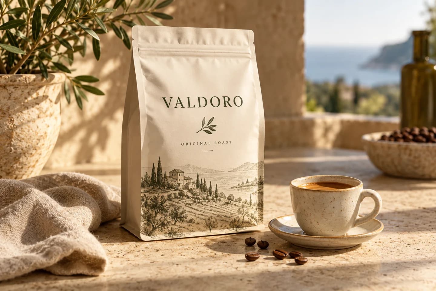 Illustrative Valdoro coffee bag and espresso on a sunlit stone counter