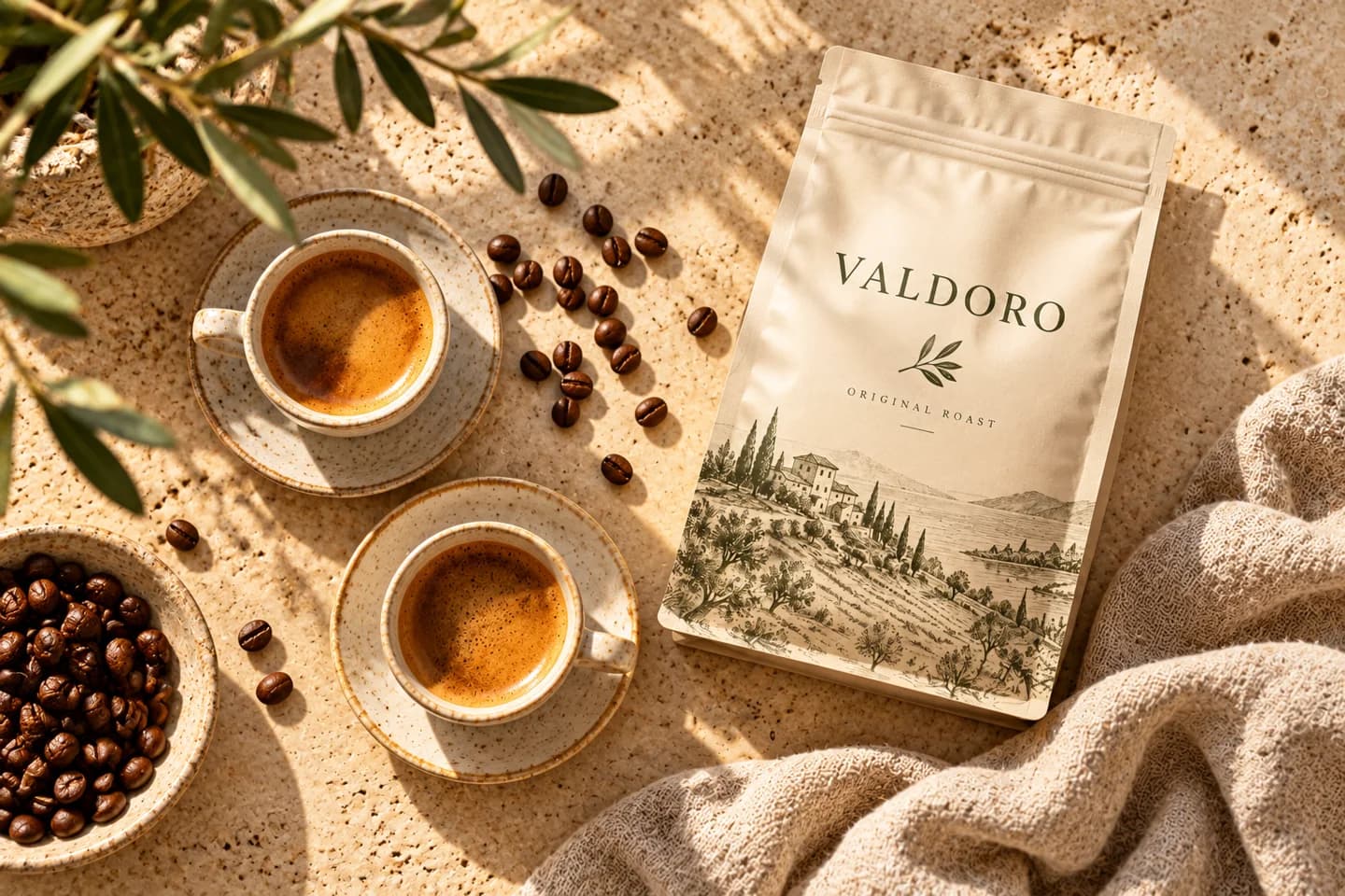 Illustrative Valdoro coffee bag and espresso on a sunlit stone counter